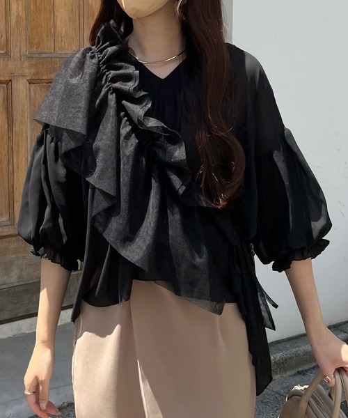 JUNOAH（ジュノア） ブラウス シャツ 「2点セット」チュール付け襟付き