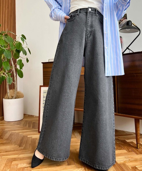 moment+ ジーンズ デニム デニムパンツ ワイドフレアデニムパンツ