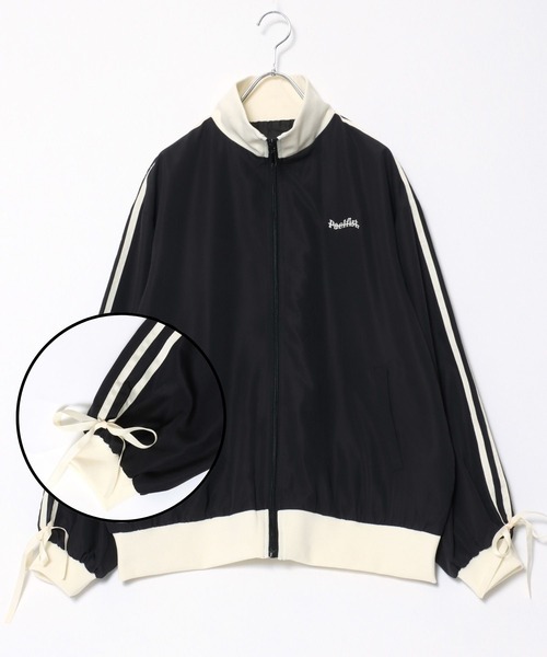 ブルゾン ジャンバー ワンポイントロゴ刺繍 袖リボンサイドライン