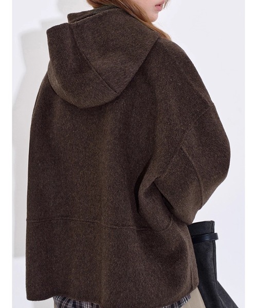 コート アウター フードマフラー付き ノーカラー ウールハーフコート