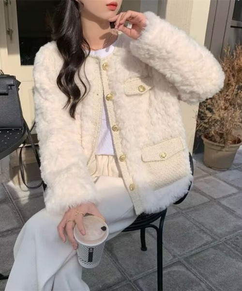 ジャケット ノーカラージャケット もこもこ ノーカラーフェイクファー