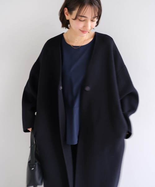 evernavy ノーカラーコート コート ノーカラーリバーロングコクーン