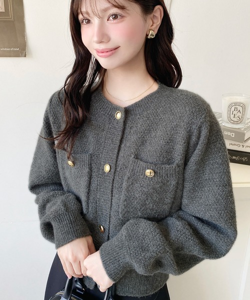 moment+ カーディガン Wポケット金ボタンニットカーディガン