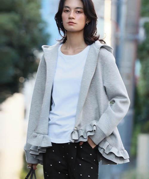 ELFRANK パーカー 裾フリルダンボールニットジップパーカー レディース