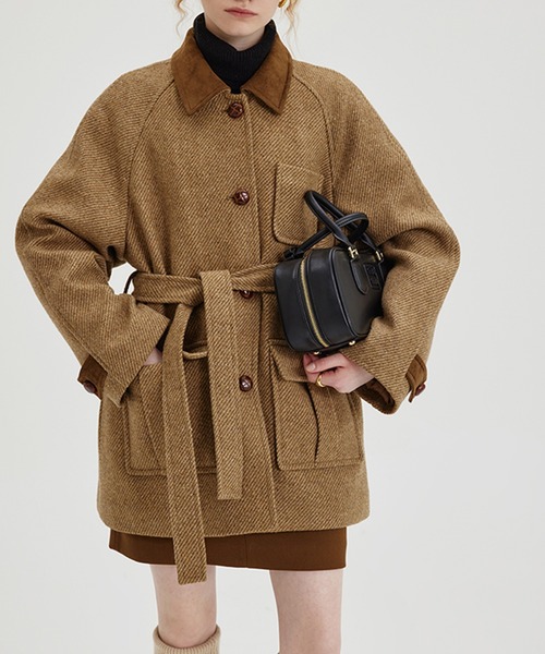 ステンカラーコート コート ラグランスリーブ ウールツイード ミドル