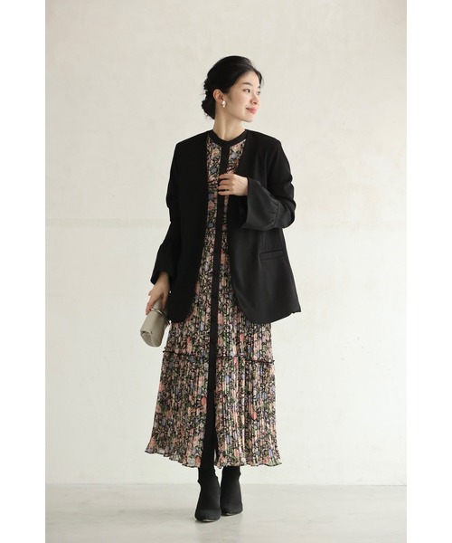 cawaii ジャケット ノーカラージャケット （黒）フレア袖のノーカラー