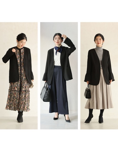 cawaii ジャケット ノーカラージャケット （黒）フレア袖のノーカラー