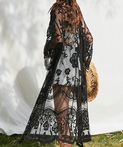 DAY CLOSET カーディガン レディース 花柄刺繍レースロングガウン