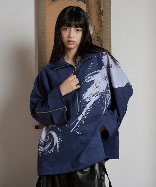 狐独 トレーナー スウェット フェイクスウェードプリントハーフジップ