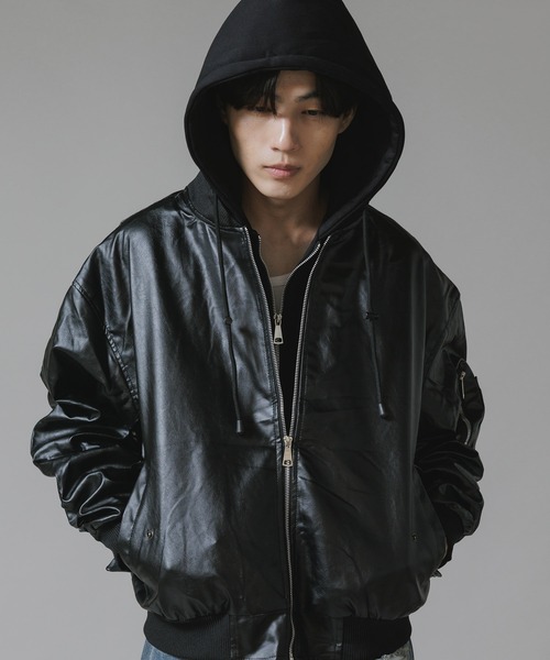 Theater code ma1 ma-1 Layered-Style Hooded Leather Jacket