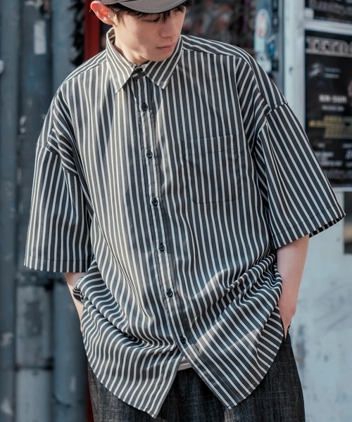NULL シャツ 「NULL」接触冷感 速乾 ストライプ 半袖シャツ メンズ