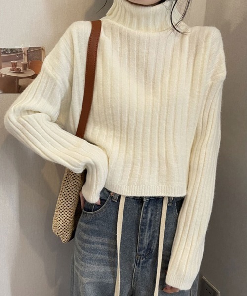 ニット セーター クロップド丈 タートルネック リブニット レディース