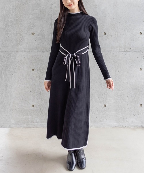 CLEAR BASIC ワンピース 配色リボンフレアロングニットワンピース