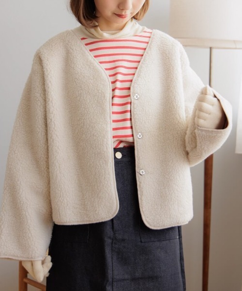 flower ジャケット ノーカラージャケット フラッフィーボアブルゾン