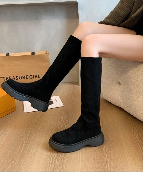 Mejoul ブーツ 厚底ボリュームソールフェイクスウェード ストレッチ