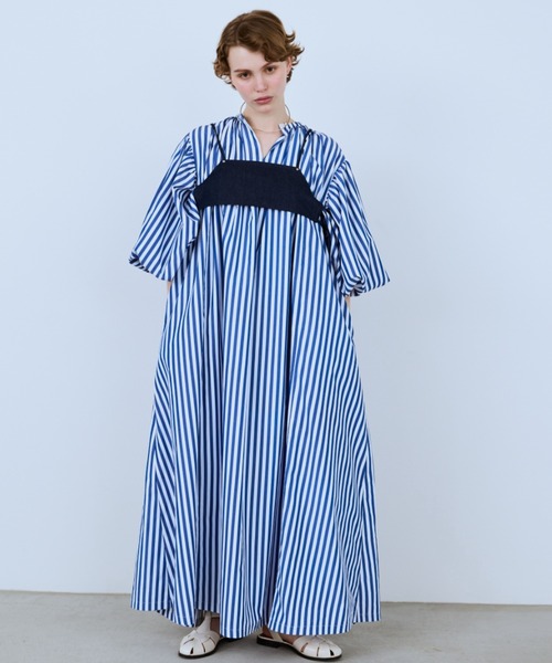 PERNA（ペルナ） ワンピース ストライプロングスリーブギャザー