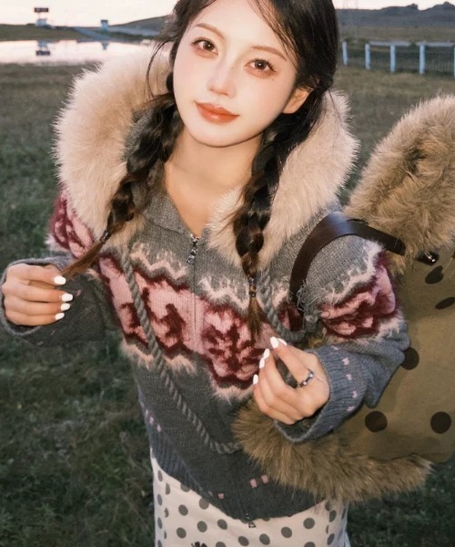 Sibra（シブラ） コート アウター ファーフード付き ノルディック柄