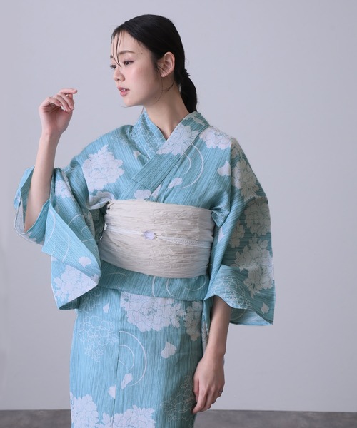 yulie 浴衣 大人浴衣2点セット洗える 綿麻帯 兵児帯 女性 黒 選べる