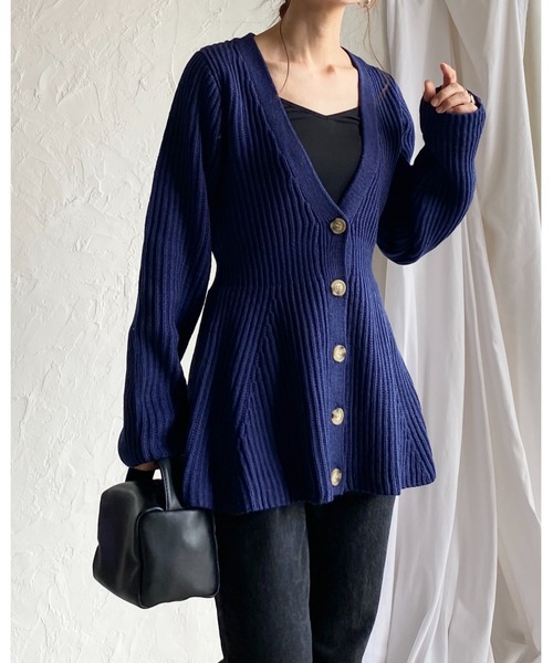 She's Closet カーディガン ミックスカラーミドル丈深Vネックウエスト