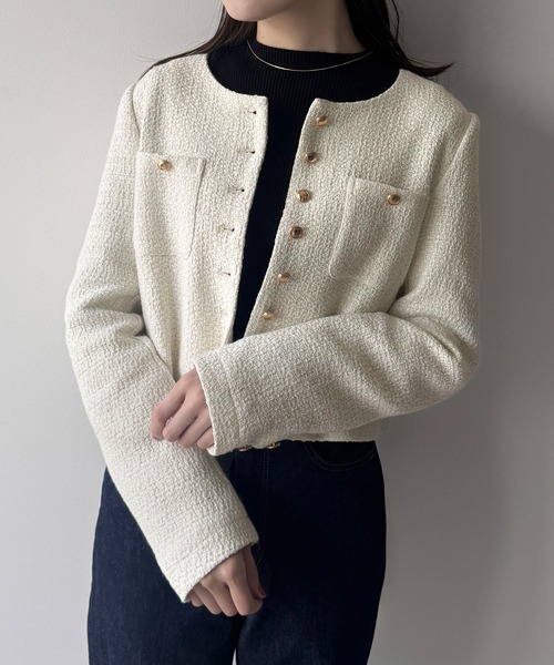 mipiarl ジャケット ノーカラージャケット 金釦ツイードノーカラー