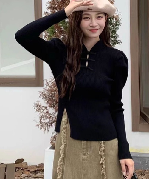 Sibra（シブラ） ニット セーター チャイナ風ボタン付きニットトップス