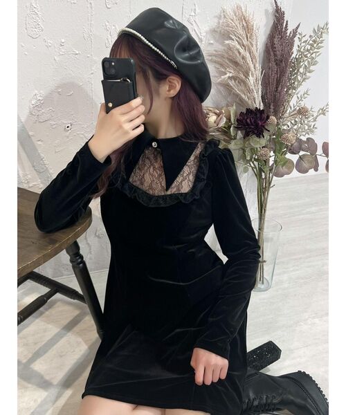 EATME（イートミー） ワンピース レースデコルテベロアミニワンピース