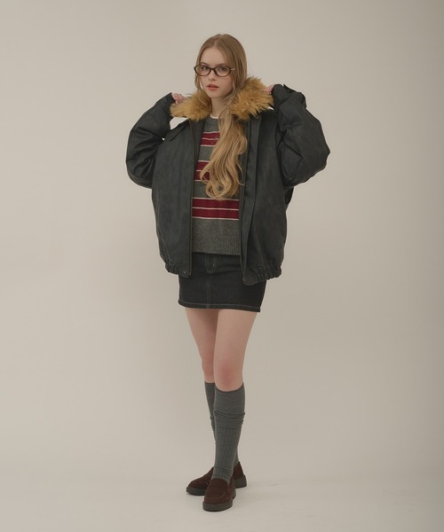 hazyl ブルゾン アウター embossing fur blouson / エンボスファー付き