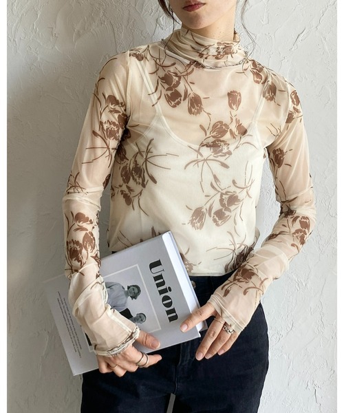 She's Closet tシャツ 花柄ニュアンス長袖メッシュパワーネット