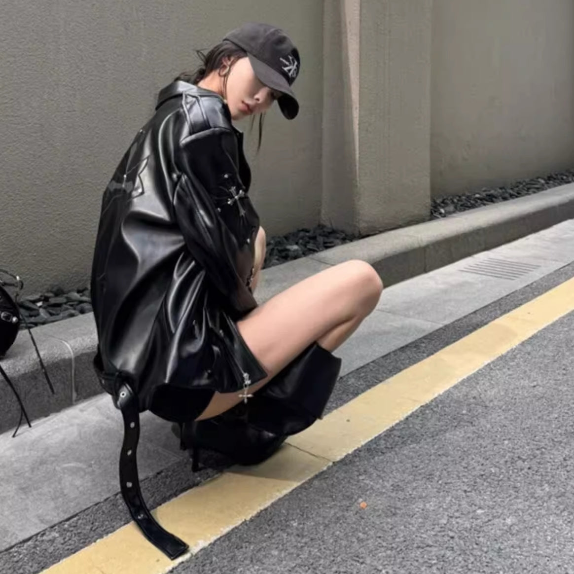 十字架 モチーフ エコレザージャケット レディース 韓国 ファッション