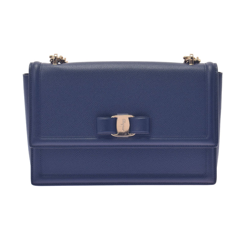 フェラガモヴァラ チェーン 紺 ゴールド金具 レディース カーフ