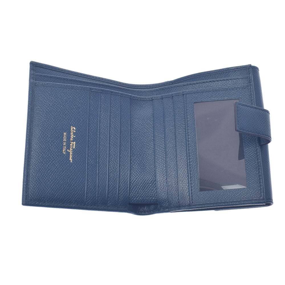 フェラガモガンチーニ金具 Wホック財布 ダークブルー系 ゴールド金具