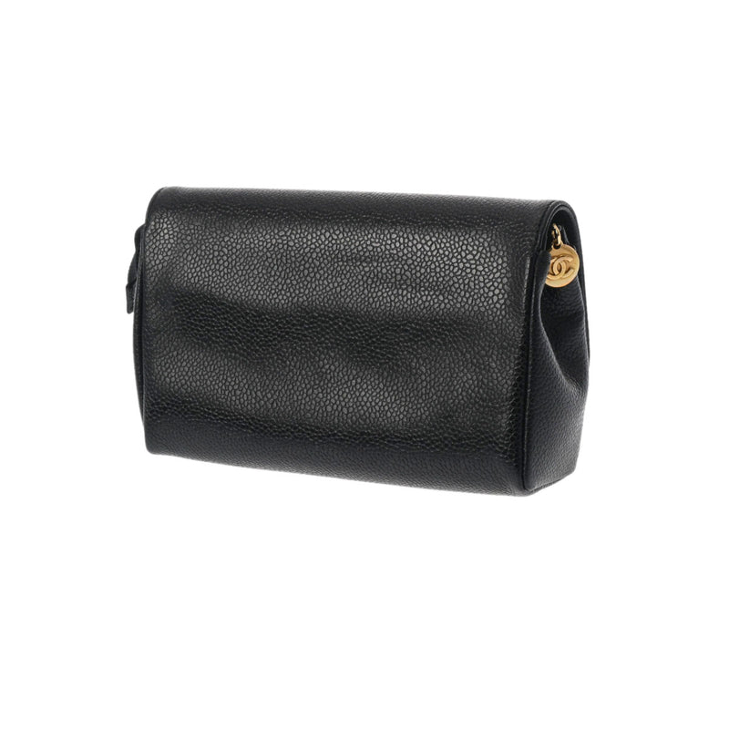 シャネル化粧ポーチ 黒 ゴールド金具 レディース キャビアスキン