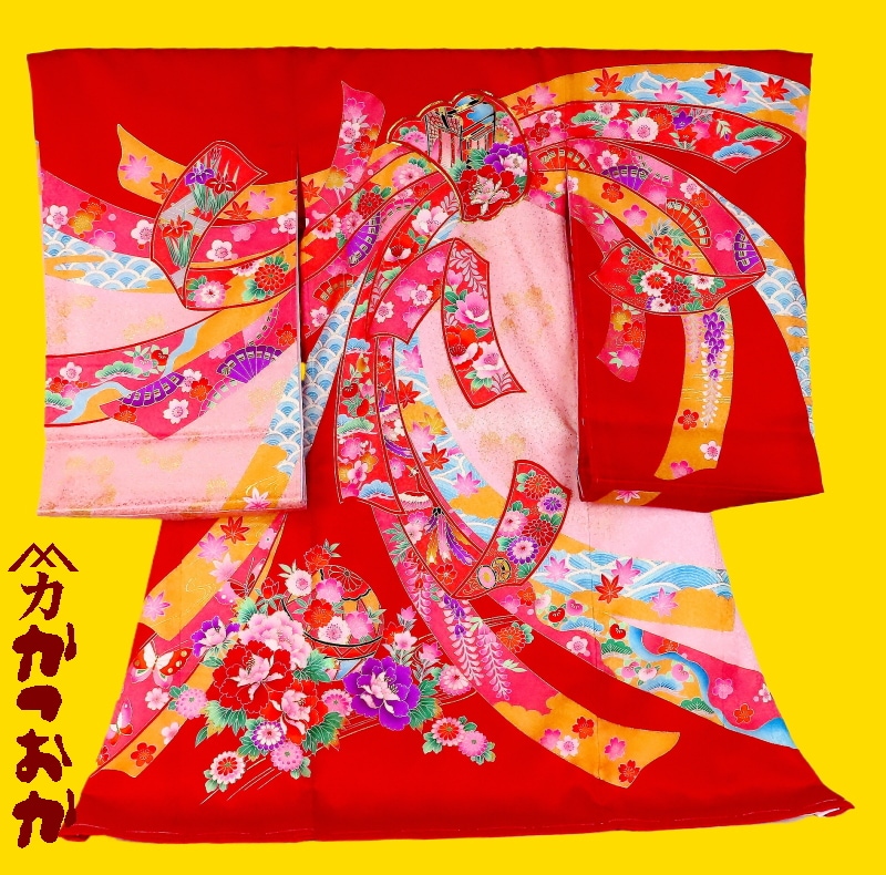 お宮参り着物正絹（初着・産着）女児G7-2 熨斗目模に手毬・華柄 8大