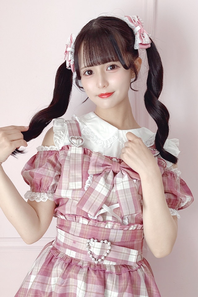 Princess Melody】チェック肩あきサスペンダー付きブラウス - ピンク