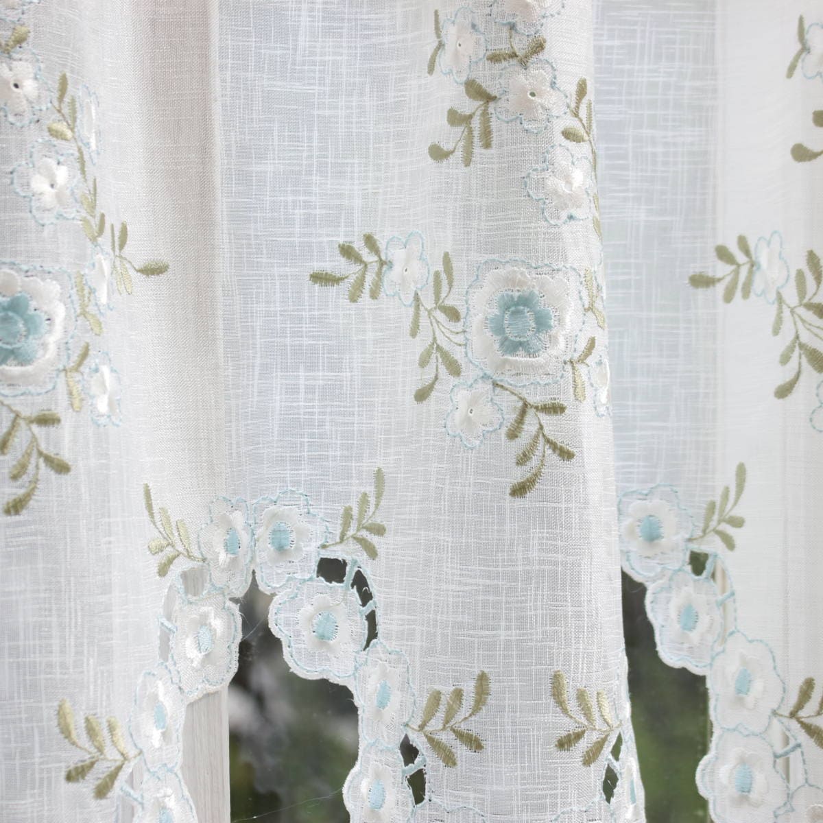 フラワー刺繍 カフェカーテン 約130×90cm｜インテリアレース・テーブル