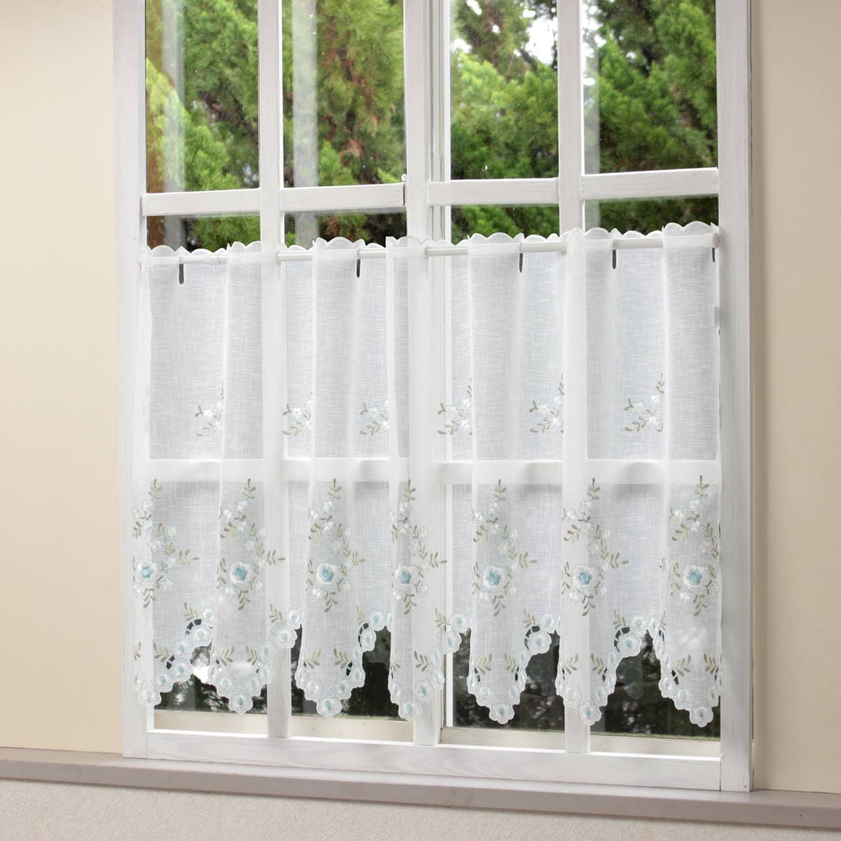 フラワー刺繍 カフェカーテン 約130×60cm｜インテリアレース・テーブル