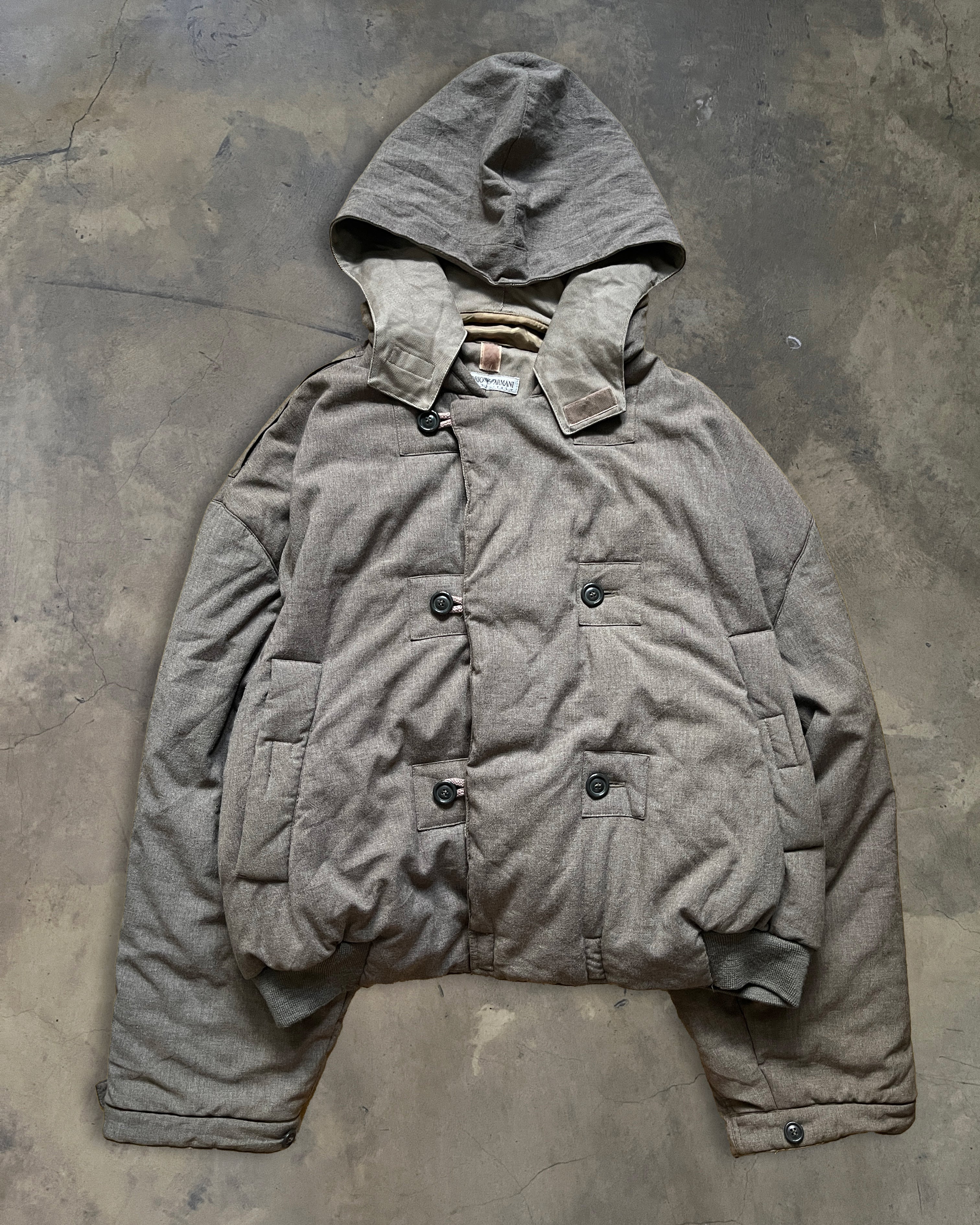 80s ARMANI PADDED DOUBLE BREASTED BOMBER WITH PACKABLE HOOD – glam