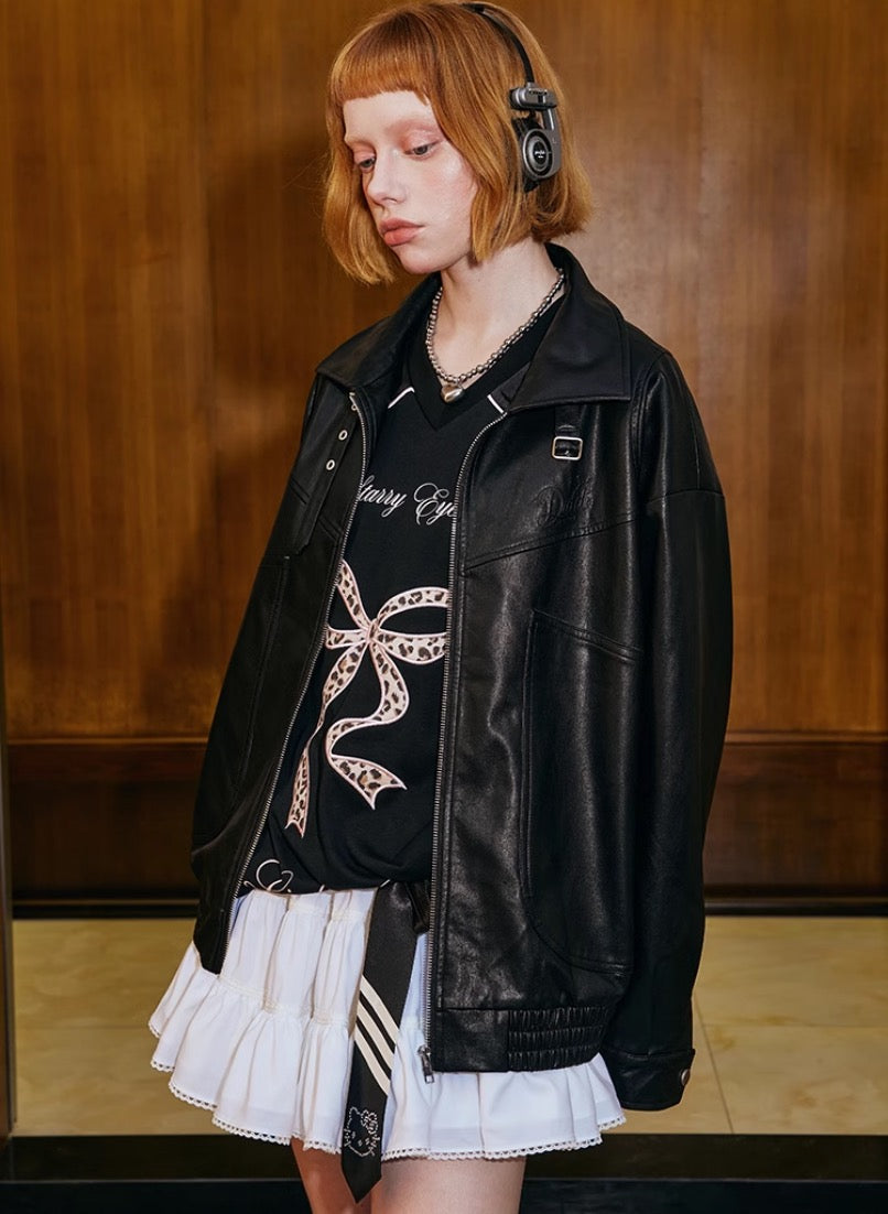 DIDDIMODA リボン刺繍エンボスレザージャケット – 個性的な