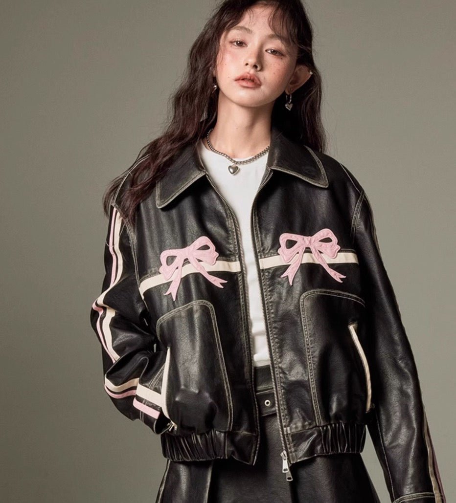 DIDDI MODA Sweet and cool ribbon retro black leather jacket – 個性