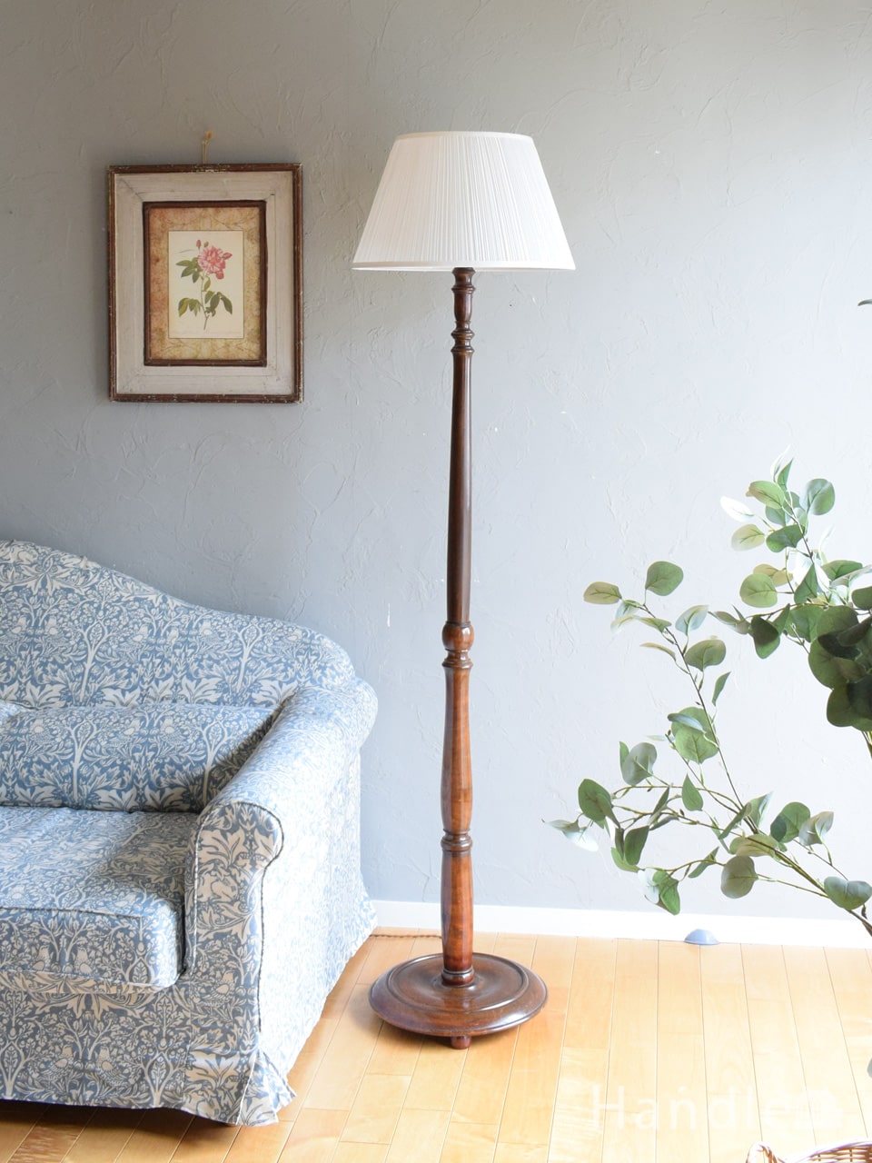 イギリスのアンティークスタンド照明、布シェードのフロアランプ(d