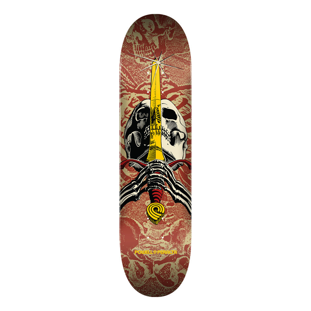 7.5in x 28.65in SKULL & SWORD KHAKI/BURGUNDY SKATEBOARD DECK SHAPE