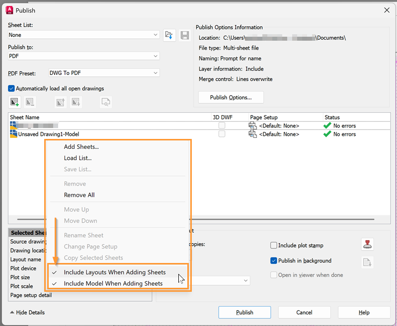AutoCAD 製品の PUBLISH[マルチシート DWF パブリッシュ]コマンドで
