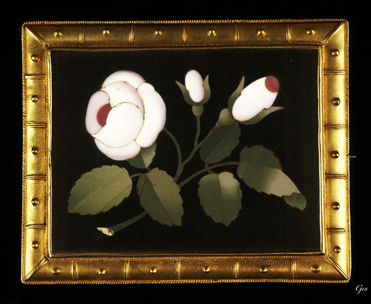 バラのフローレンスモザイク（ピエトラデュラ）・ブローチ｜イタリアの