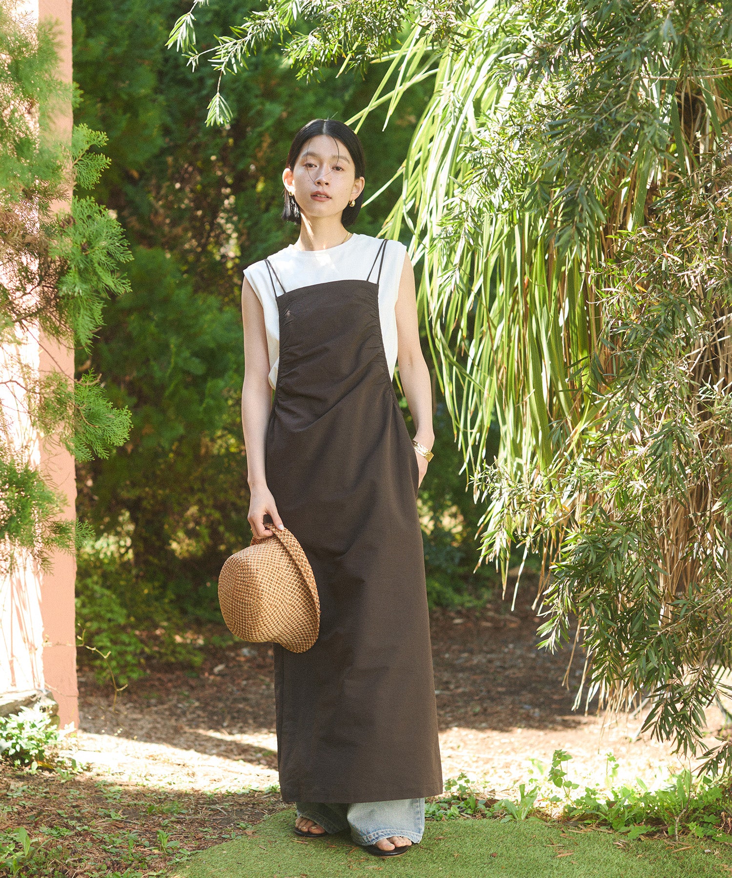 撥水 ギャザー キャミワンピース