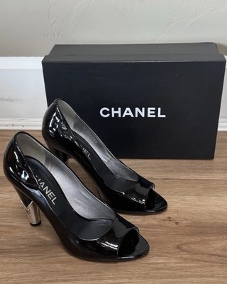 CHANEL Black Patent Leather Peep Toe CC Logo Silver Heel Pumps
