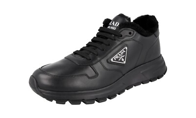 PRADA PRAX 01 SNEAKERS SHOES 2EE369 BLACK LEATHER FUR LINED US 7.5