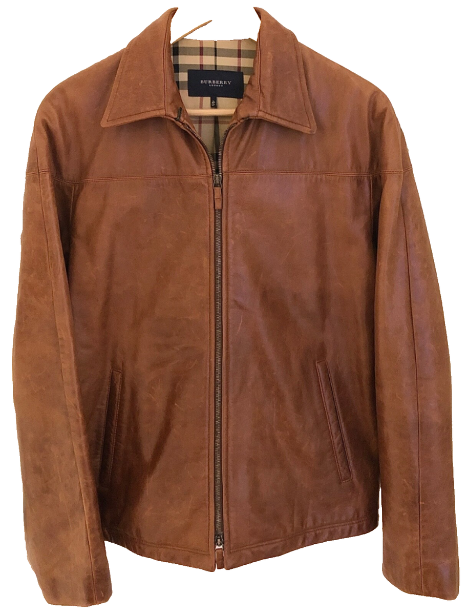 BURBERRY LONDON Men's Zip Up Brown Leather Collared Jacket Nova