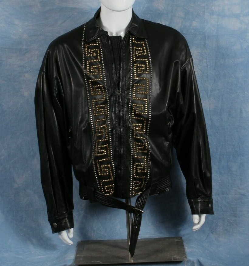 GIANNI VERSACE Leather Jacket Black Studded with zip size IT 54