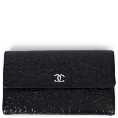69626 auth CHANEL black leather CAMELLIA EMBOSSED Large Wallet | eBay