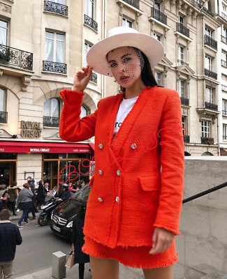 A855 ZARA ORANGE RED TWEED JEWEL BLAZER GEMS BUTTONS COAT JACKET